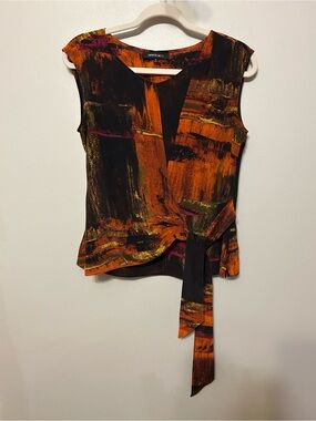 Lafayette 148 Silk Abstract Orange & Black Tie-Waist Quiet Luxury Top